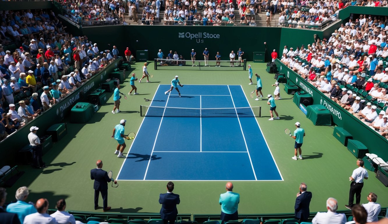 Sebuah lapangan tenis dengan pemain yang sedang beraksi, dikelilingi oleh penonton dan petugas