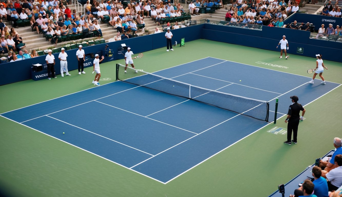 Sebuah lapangan tenis dengan jaring, dikelilingi oleh penonton dan wasit, dengan pemain yang sedang bertanding