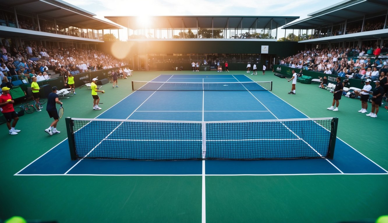 Sebuah lapangan tenis dengan jaring, dikelilingi oleh penonton dan pemain