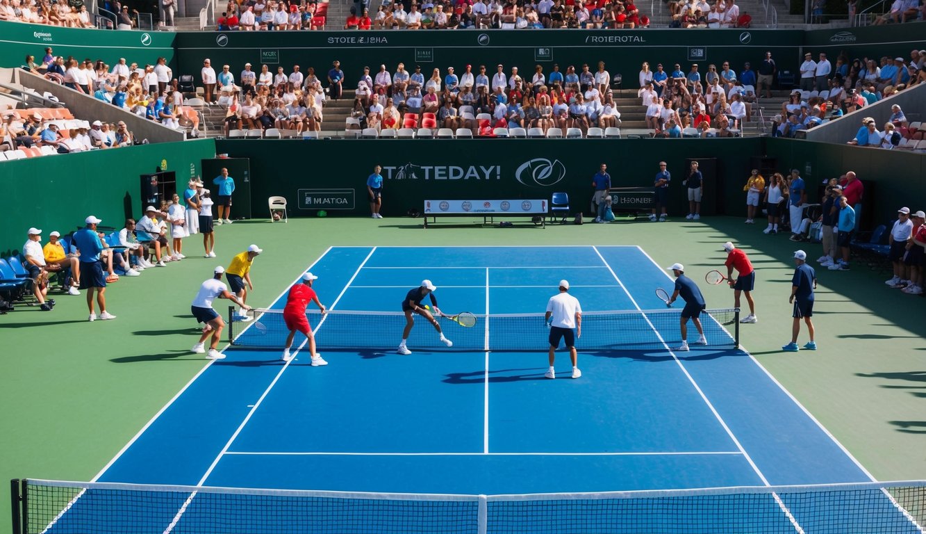 Sebuah lapangan tenis dengan pemain yang sedang merencanakan strategi, dikelilingi oleh penonton dan pelatih