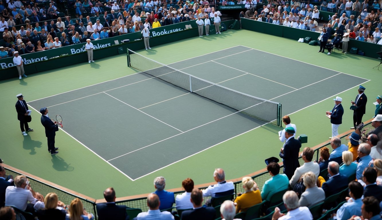 Sebuah lapangan tenis dengan jaring, dikelilingi oleh penonton dan bandar taruhan yang mengambil taruhan