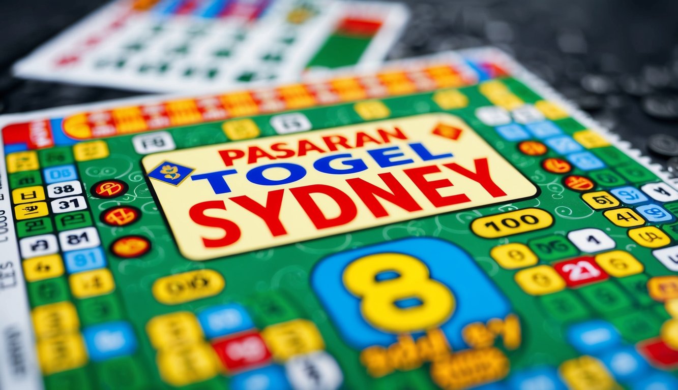 Sebuah tiket lotere berwarna-warni dengan kata-kata "Pasaran Togel Sydney" yang dicetak di atasnya, dikelilingi oleh berbagai simbol dan angka keberuntungan.