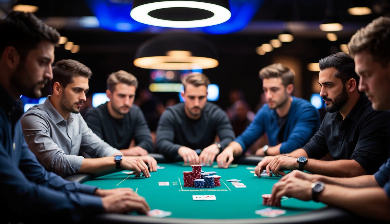 Sekelompok pemain berkumpul di sekitar meja poker virtual, mata mereka terfokus pada layar mereka saat mereka merencanakan strategi dan memasang taruhan.