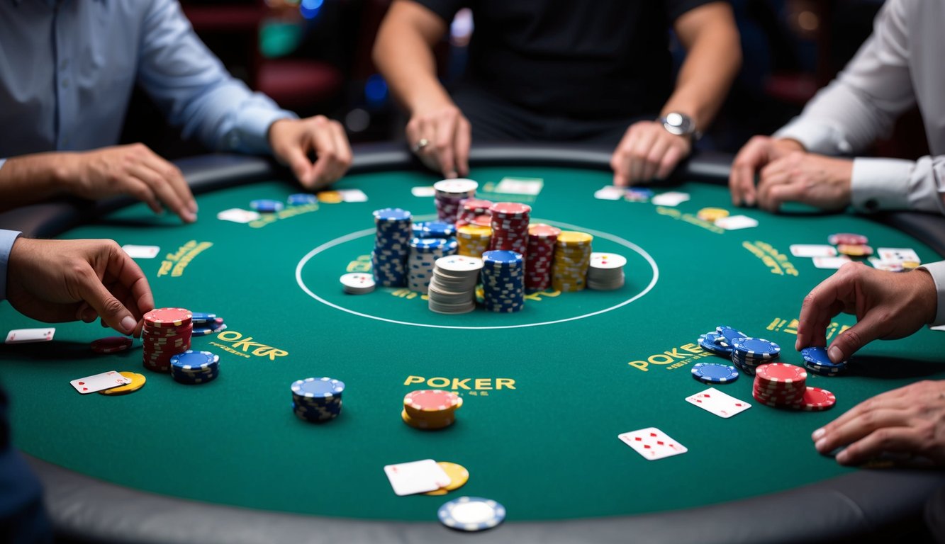 Sekelompok meja poker dikelilingi oleh pemain, dengan chip berwarna-warni dan kartu yang tersebar di atas permukaan felt hijau