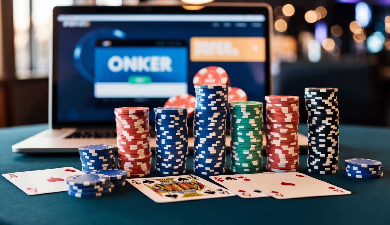 Sekelompok chip poker dan kartu permainan yang disusun di atas meja dengan laptop yang menampilkan situs web poker online di latar belakang