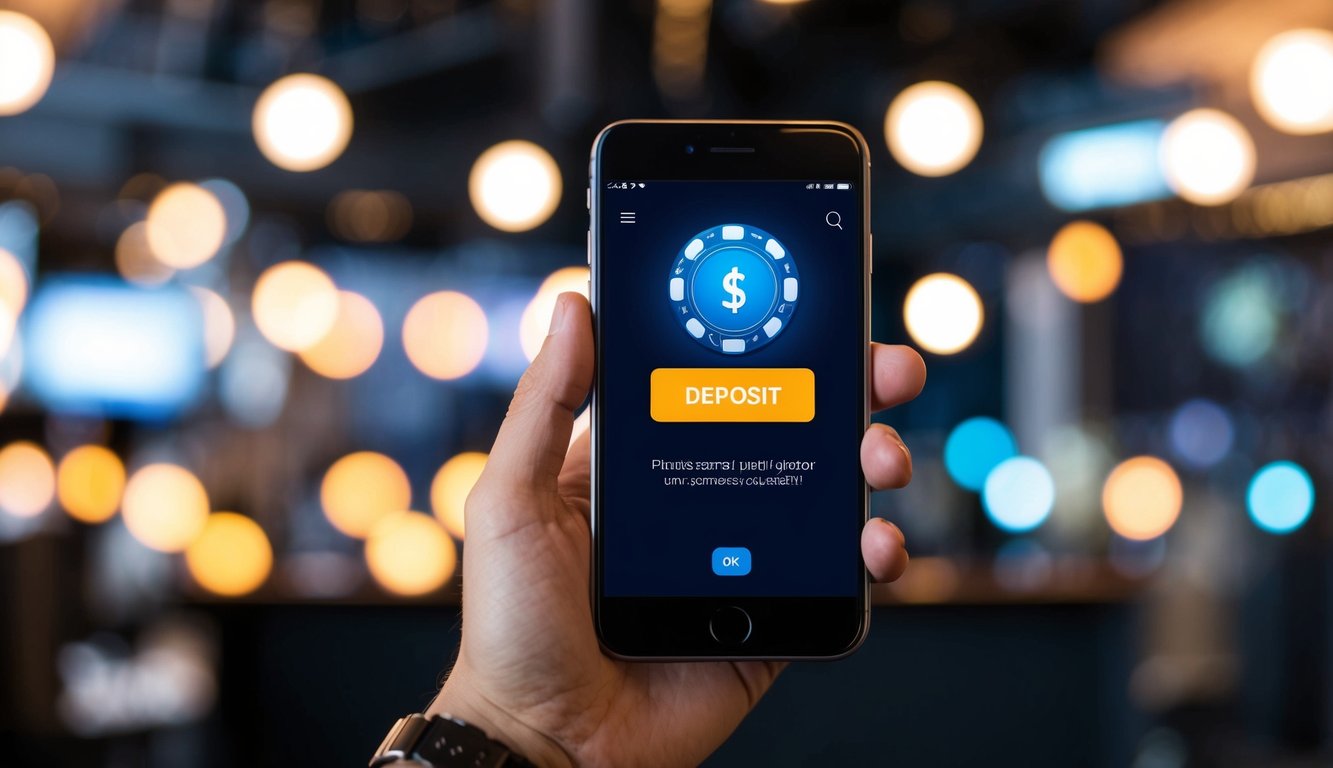 Sebuah smartphone yang menampilkan aplikasi poker dengan tombol deposit yang berdenyut