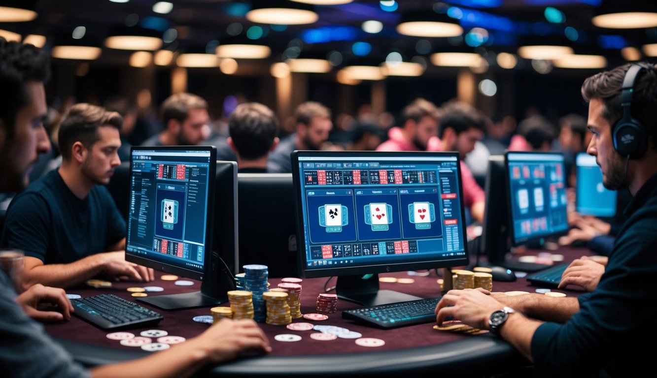 Turnamen poker virtual yang ramai dengan pemain di komputer mereka, kartu dan chip berserakan di meja, dan fokus yang intens pada permainan