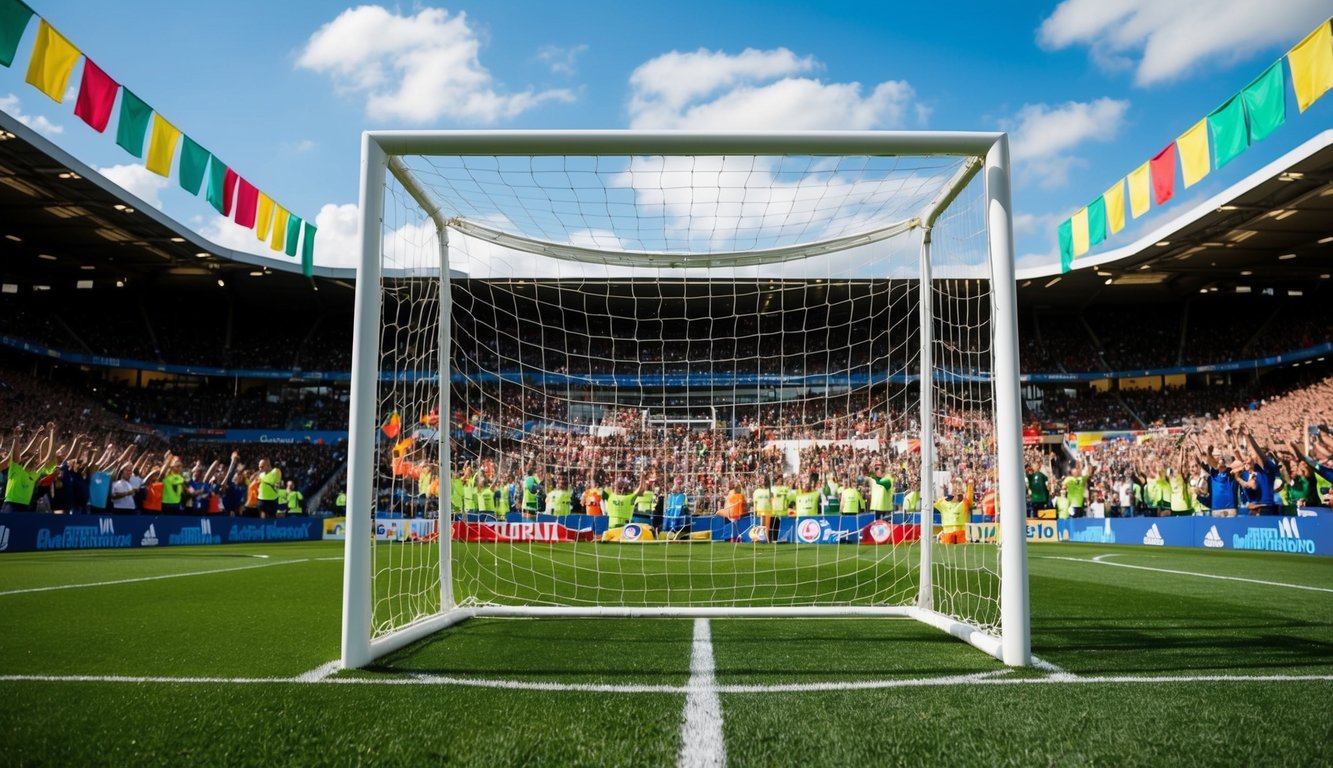 Sebuah lapangan sepak bola dengan tiang gawang, dikelilingi oleh penggemar yang bersorak dan spanduk berwarna-warni