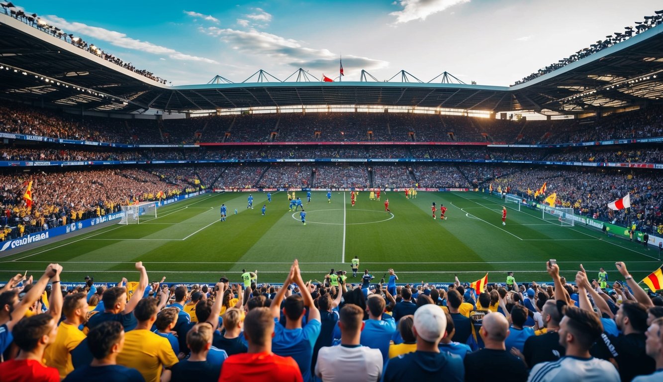 Sebuah stadion yang ramai dengan penggemar bersorak, bendera berkibar, dan pemain di lapangan selama pertandingan sepak bola