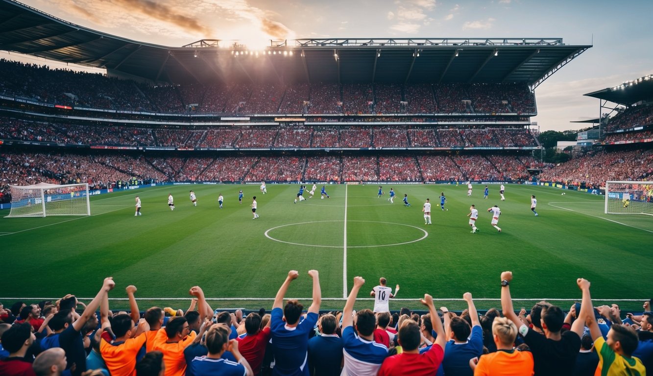 Sebuah stadion yang ramai dengan penggemar yang bersorak dan pemain di lapangan sepak bola