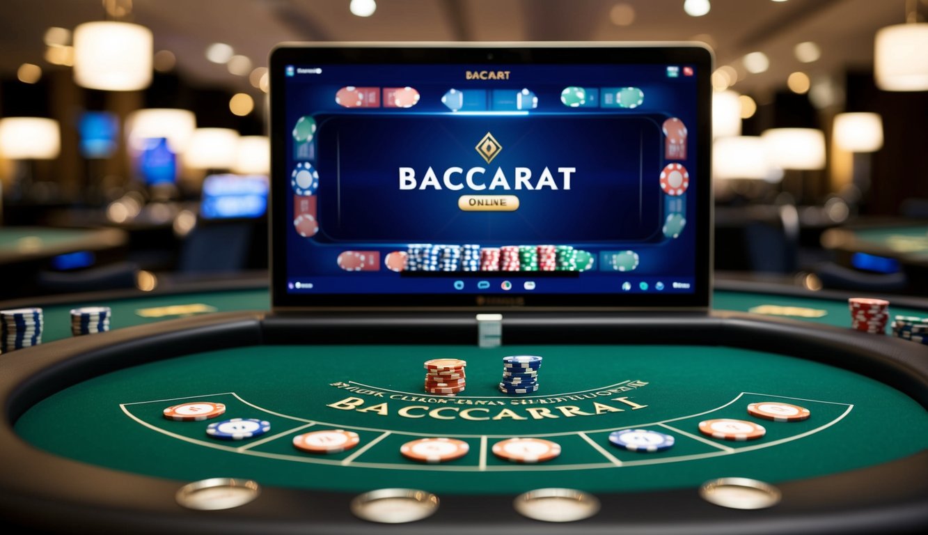 Sebuah meja Baccarat online yang ramping dan modern dengan kartu dan chip virtual yang ditampilkan pada antarmuka digital