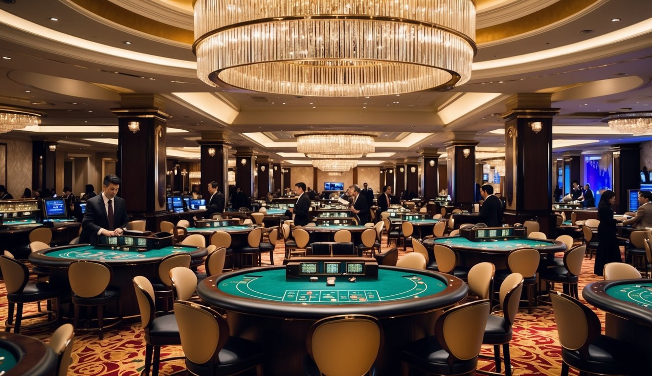 Lantai kasino yang ramai dengan meja baccarat yang elegan, pemain yang terlibat dalam permainan, dan suasana yang canggih