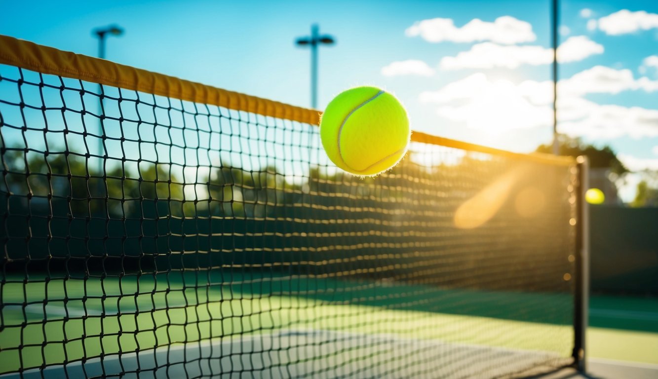 Sebuah bola tenis terbang di atas net di lapangan yang cerah