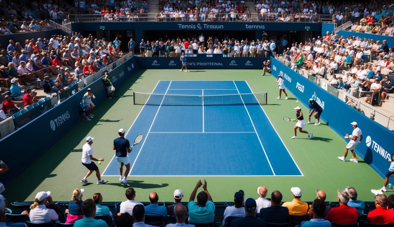 Sebuah lapangan tenis dengan jaring, dikelilingi oleh penonton dan pemain yang sedang bertanding