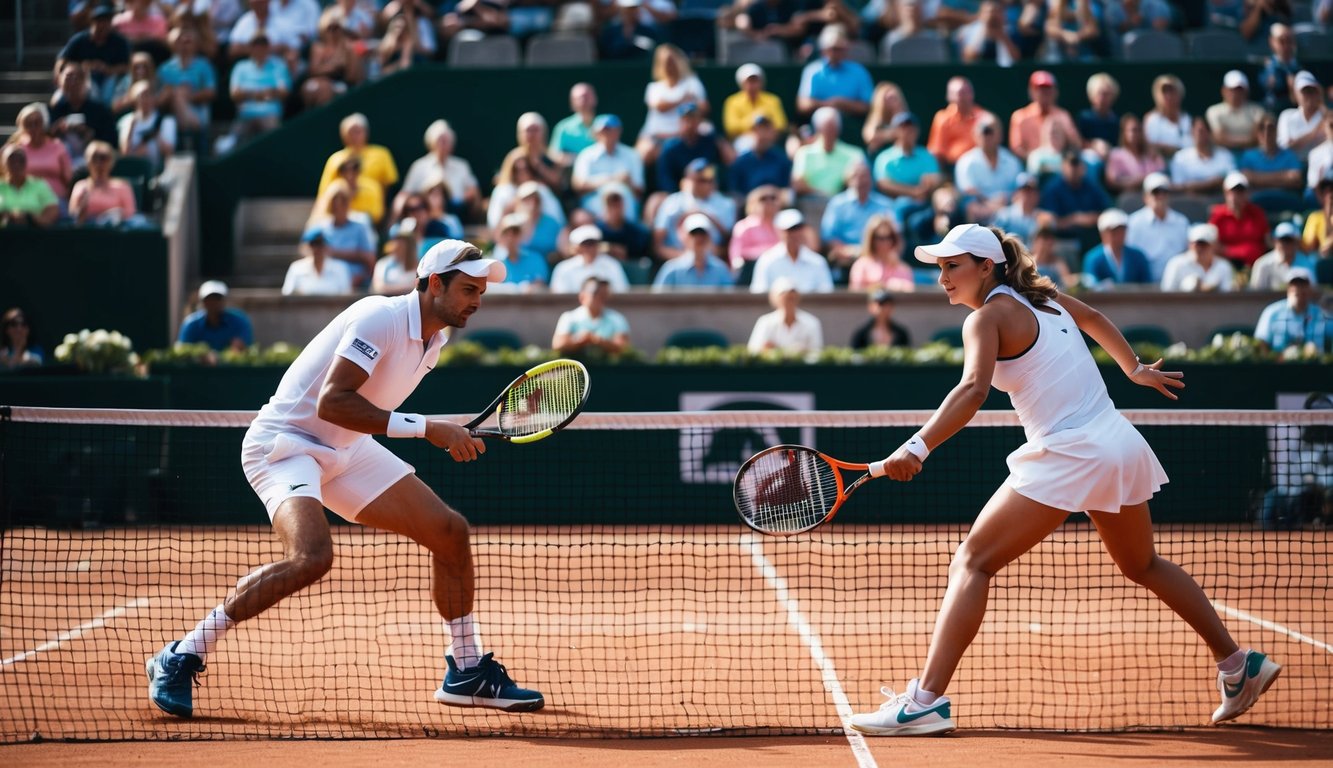 Sebuah pertandingan tenis yang sedang berlangsung di lapangan tanah liat, dengan dua pemain yang sedang beraksi dan sekelompok penonton yang menonton dari tribun.