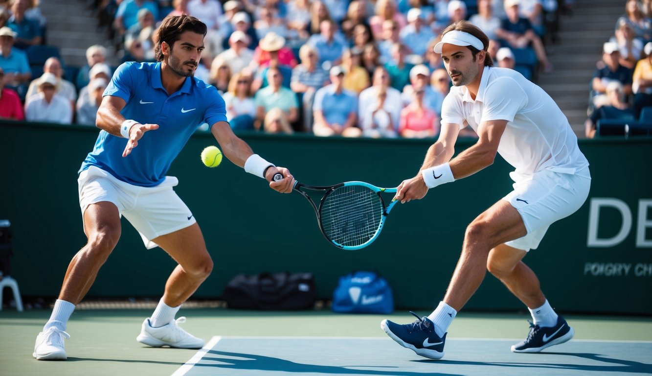 Dua pemain tenis yang bersaing di lapangan, satu melakukan servis sementara yang lainnya bersiap untuk mengembalikan bola. Kerumunan menonton dari tribun, dan matahari bersinar di atas pertandingan.