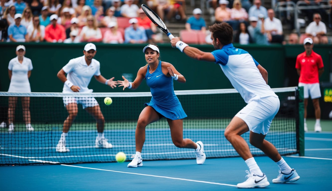 Pertandingan tenis dengan pemain yang sedang beraksi di lapangan langsung