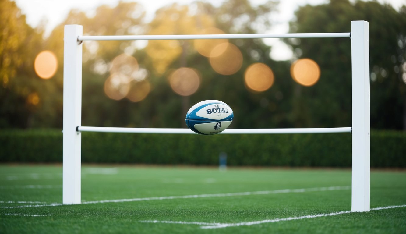 Sebuah bola rugby terbang melalui tiang gawang di lapangan hijau