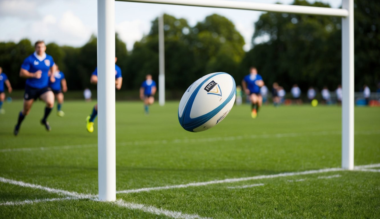 Sebuah bola rugby terbang di udara menuju tiang gawang di lapangan rumput, dengan pemain di latar belakang