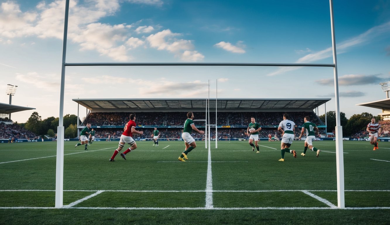 Sebuah lapangan rugby dengan tiang gawang, pemain yang sedang beraksi, dan penggemar yang bersorak di tribun