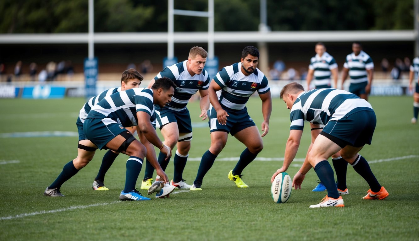 Sebuah lapangan rugby dengan pemain yang merencanakan dan mengatur strategi untuk permainan