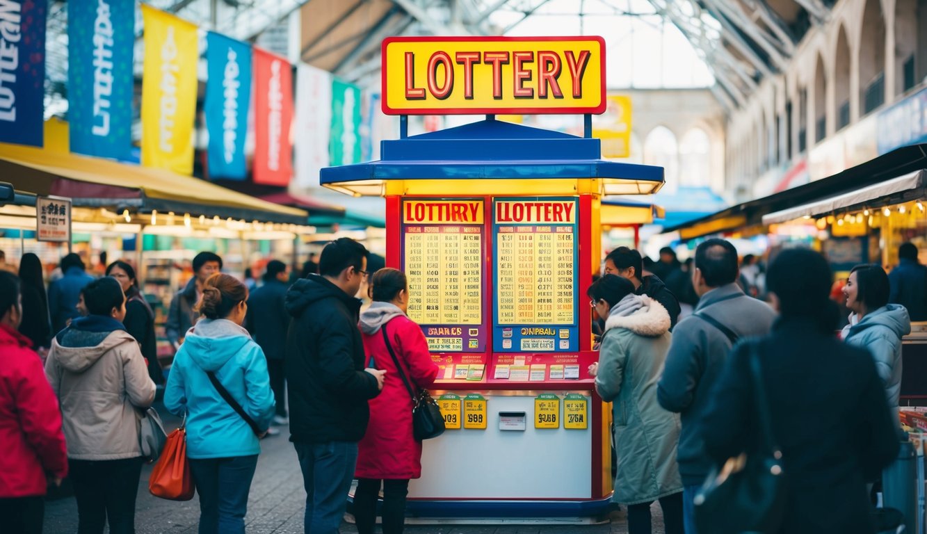 Sebuah pasar yang ramai dengan spanduk berwarna-warni dan sebuah stan lotere yang mencolok. Orang-orang dengan antusias mengantri untuk membeli tiket.