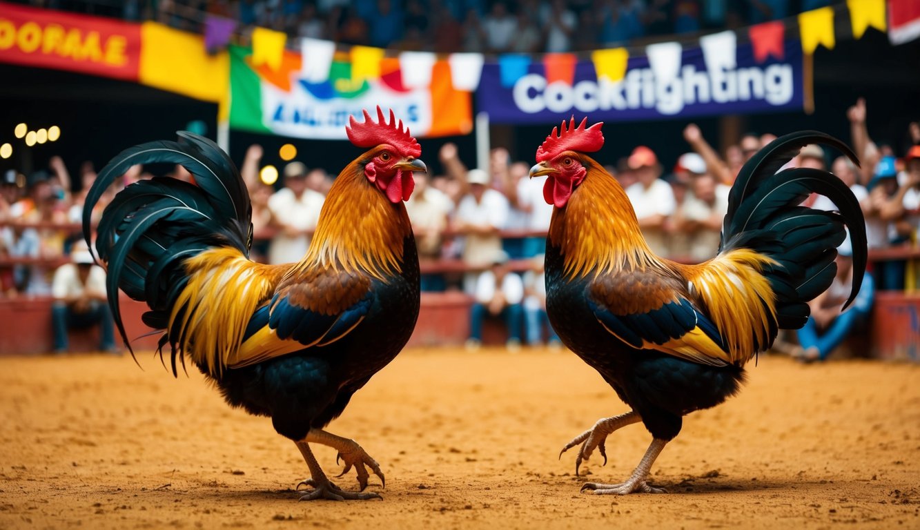 Dua ayam jantan berhadapan di arena sabung ayam online yang ramai. Burung-burung tersebut dikelilingi oleh penonton yang bersorak dan spanduk berwarna-warni.