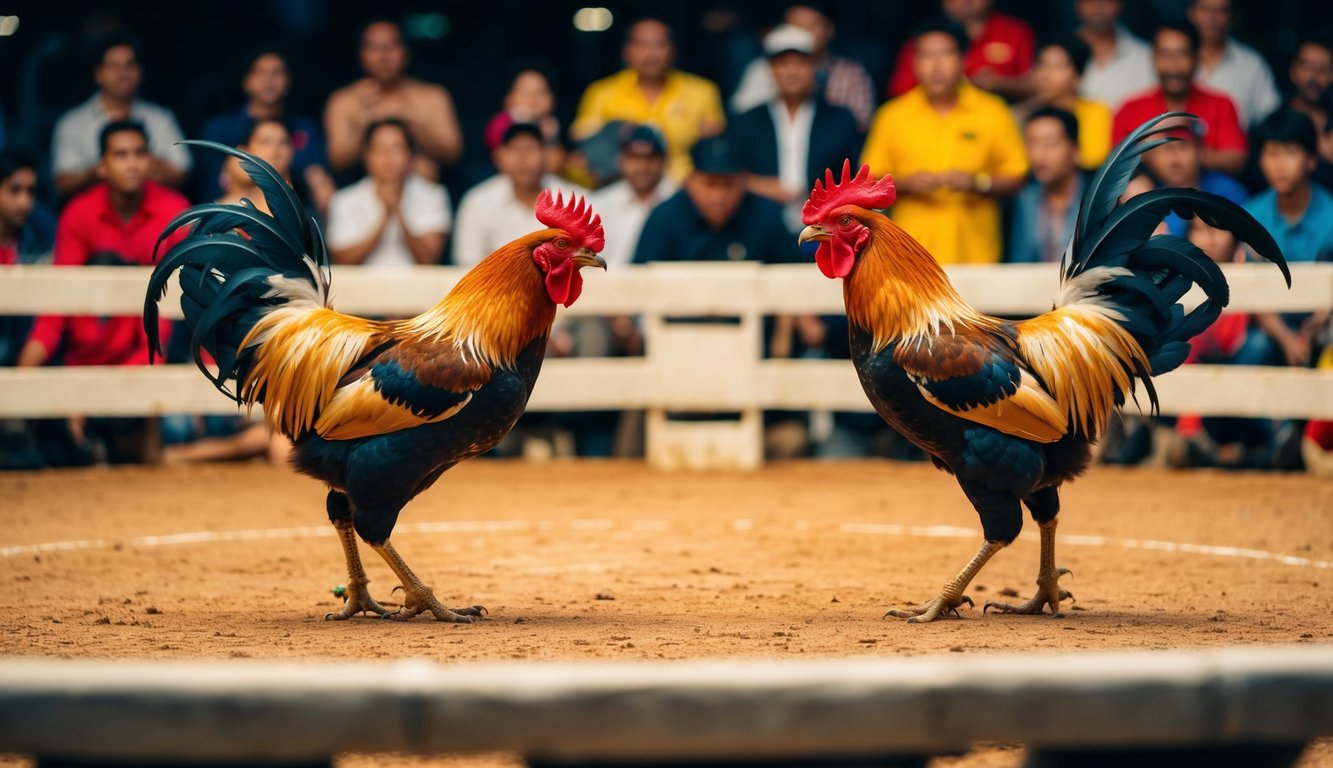 Sebuah arena yang ramai dengan dua ayam jantan berhadapan di ring sabung ayam tradisional, dikelilingi oleh penonton yang antusias