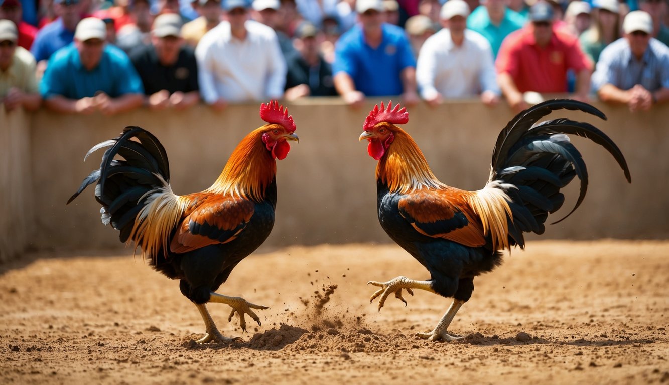 Dua ayam jantan bertarung sengit di sebuah lubang tanah yang dikelilingi oleh kerumunan penonton yang bersorak.