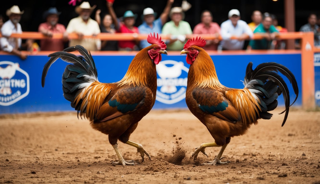 Dua ayam jantan berhadapan di sebuah lubang tanah yang dikelilingi oleh penonton yang bersorak. Bulu-bulu beterbangan saat mereka bertarung di arena sabung ayam tradisional.