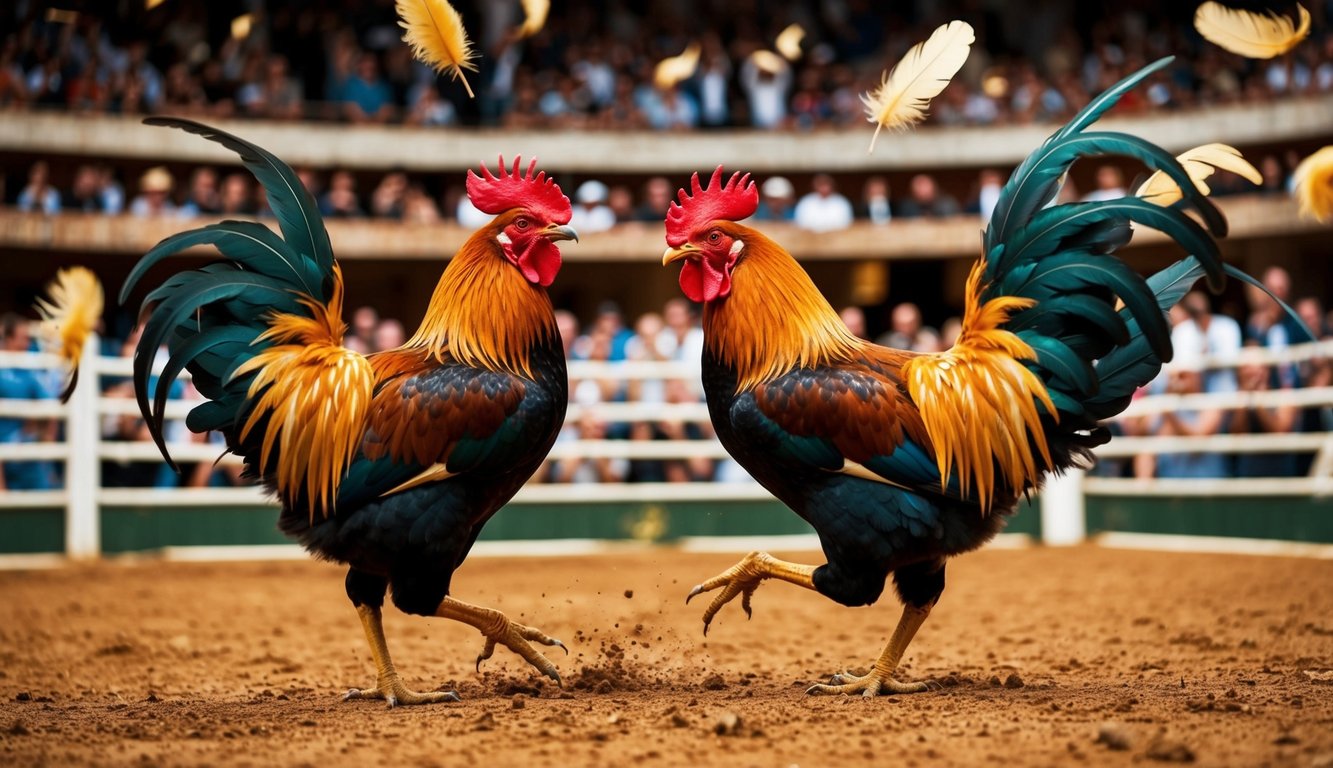 Sebuah arena yang ramai dengan penonton yang bersorak, dua ayam jantan terlibat dalam pertarungan sengit, bulu beterbangan di udara