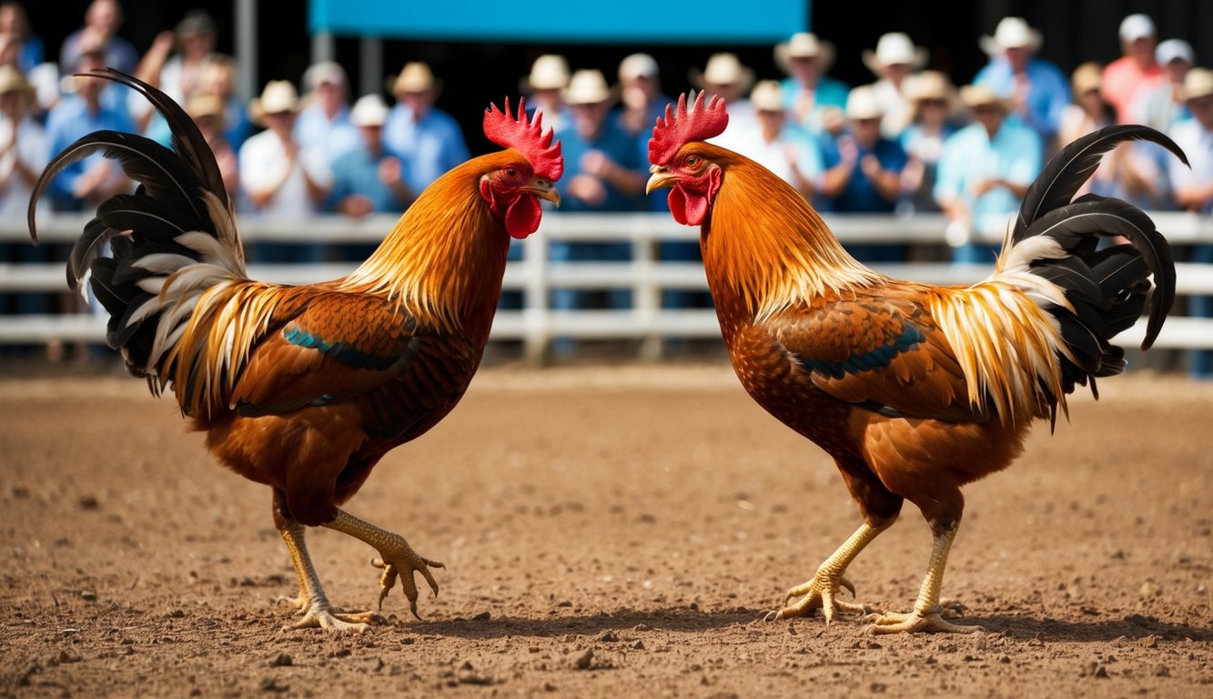 Dua ayam jantan berhadapan di arena tanah yang dikelilingi oleh penonton yang bersorak.