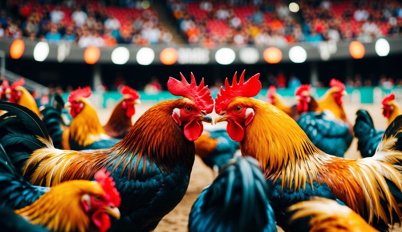 Sebuah arena yang ramai dengan ayam jantan berwarna-warni saling berhadapan dalam suasana yang hidup dan energik