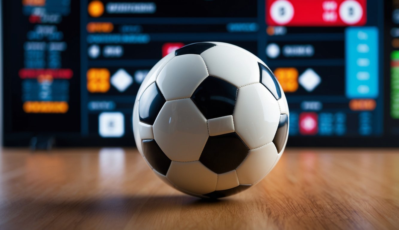 Sebuah bola sepak yang bergulir di atas antarmuka digital dengan odds taruhan dan ikon olahraga