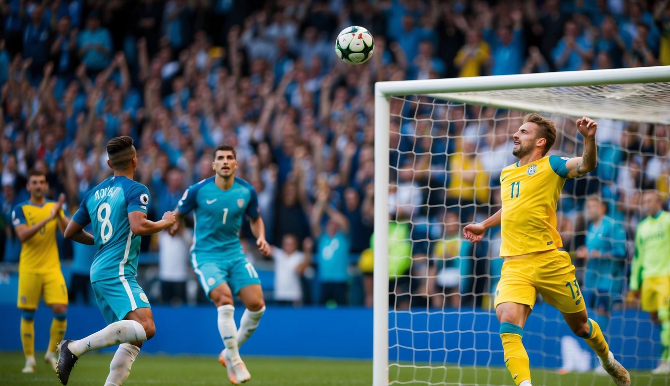 Sebuah bola sepak terbang ke sudut atas gawang, dengan pemain dan penggemar bersorak di latar belakang