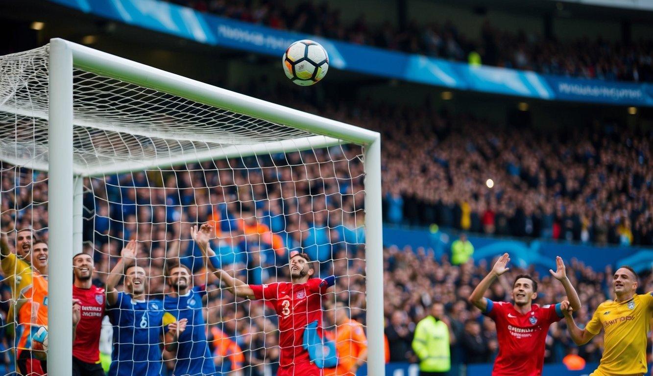 Sebuah bola sepak terbang ke sudut atas gawang, dikelilingi oleh para penggemar yang bersorak