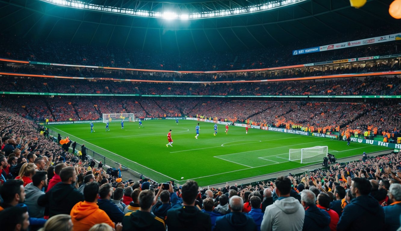 Sebuah stadion yang ramai dengan penggemar yang bersorak, sebuah lapangan sepak bola hijau, dan pemain yang beraksi selama acara taruhan sepak bola langsung