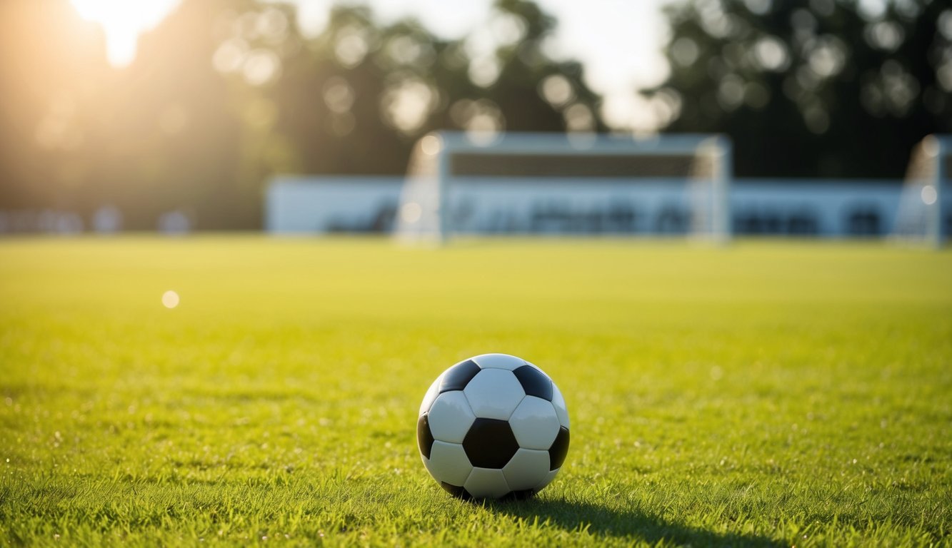 Sebuah bola sepak yang bergulir di lapangan rumput di bawah sinar matahari