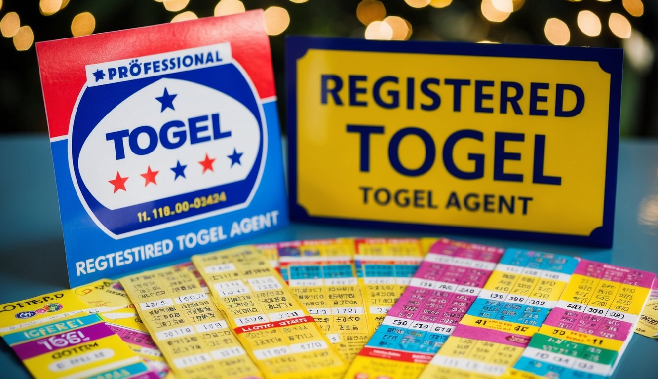 Sekumpulan tiket lotere berwarna-warni dan tanda yang terlihat resmi untuk agen togel terdaftar