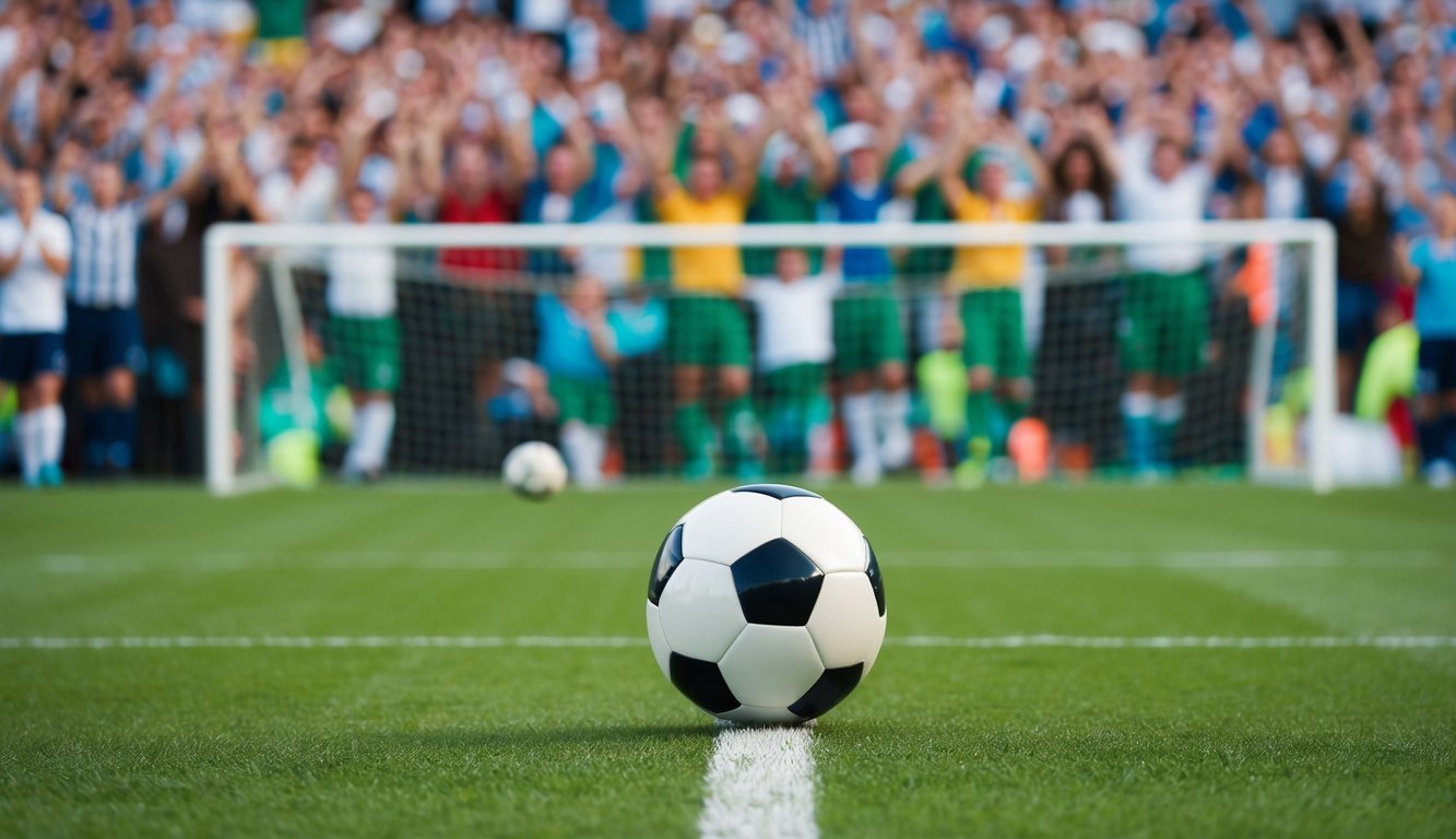 Sebuah bola sepak yang bergulir di atas lapangan hijau, dengan gawang di latar belakang dan kerumunan penggemar yang bersorak.