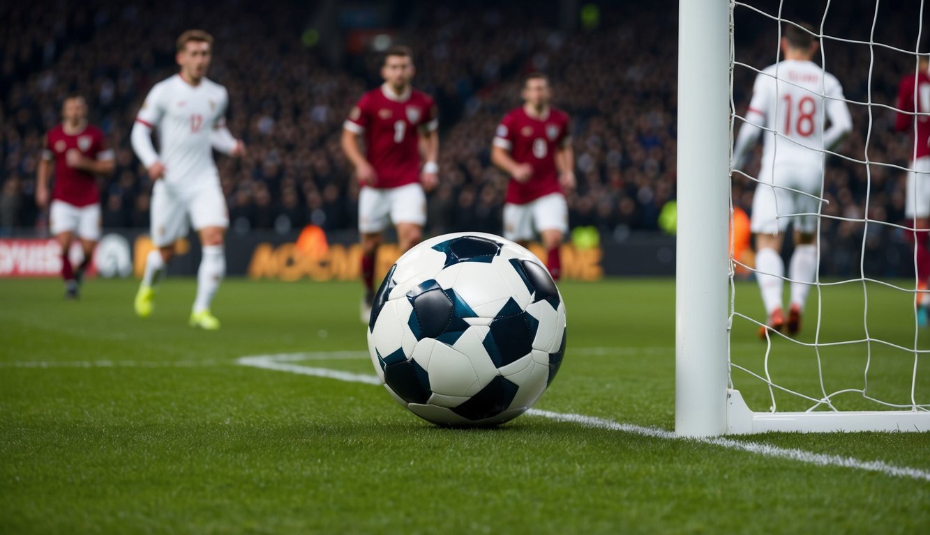 Sebuah bola sepak di lapangan dengan tiang gawang, dikelilingi oleh pemain dalam sebuah pertandingan