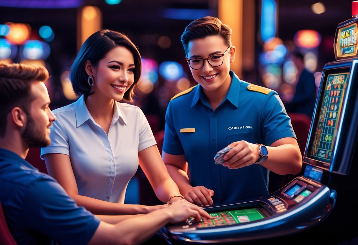 Un membre de l'équipe de support d'un casino aide un joueur avec un sourire, tandis qu'un autre membre de l'équipe résout un problème technique avec une machine à sous.