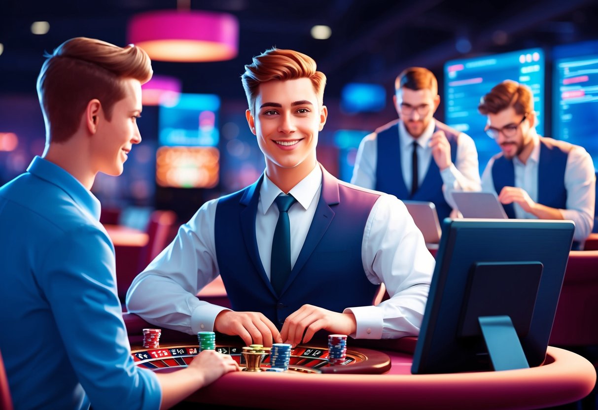 Un membre de l'équipe de support du casino aide un joueur avec un sourire, tandis qu'un autre membre de l'équipe résout des problèmes techniques en arrière-plan.