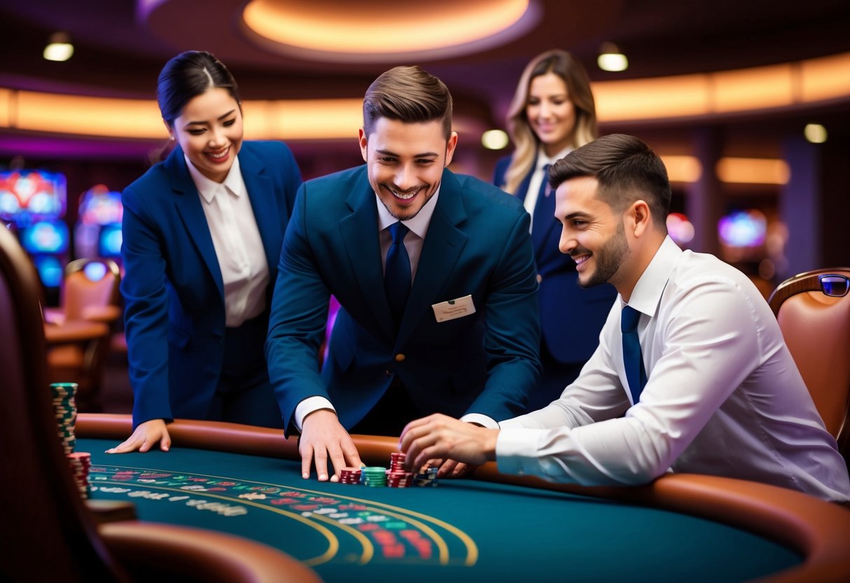 Un membre de l'équipe de support du casino aide un joueur avec le sourire, tandis qu'un autre membre de l'équipe observe attentivement, prêt à fournir de l'aide.