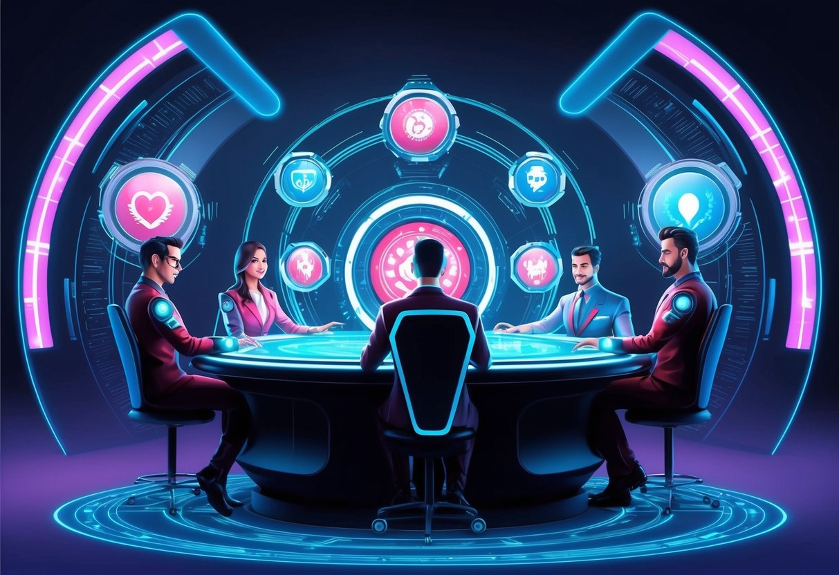 Une équipe de support de casino futuriste utilisant une technologie avancée pour améliorer les expériences des joueurs