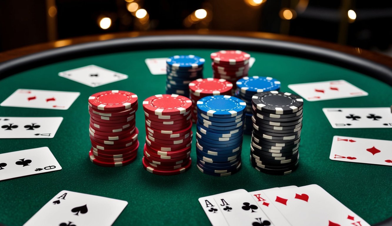 Sekelompok chip poker dan kartu remi yang disusun di atas meja felt hijau dengan suasana yang bergaya dan profesional