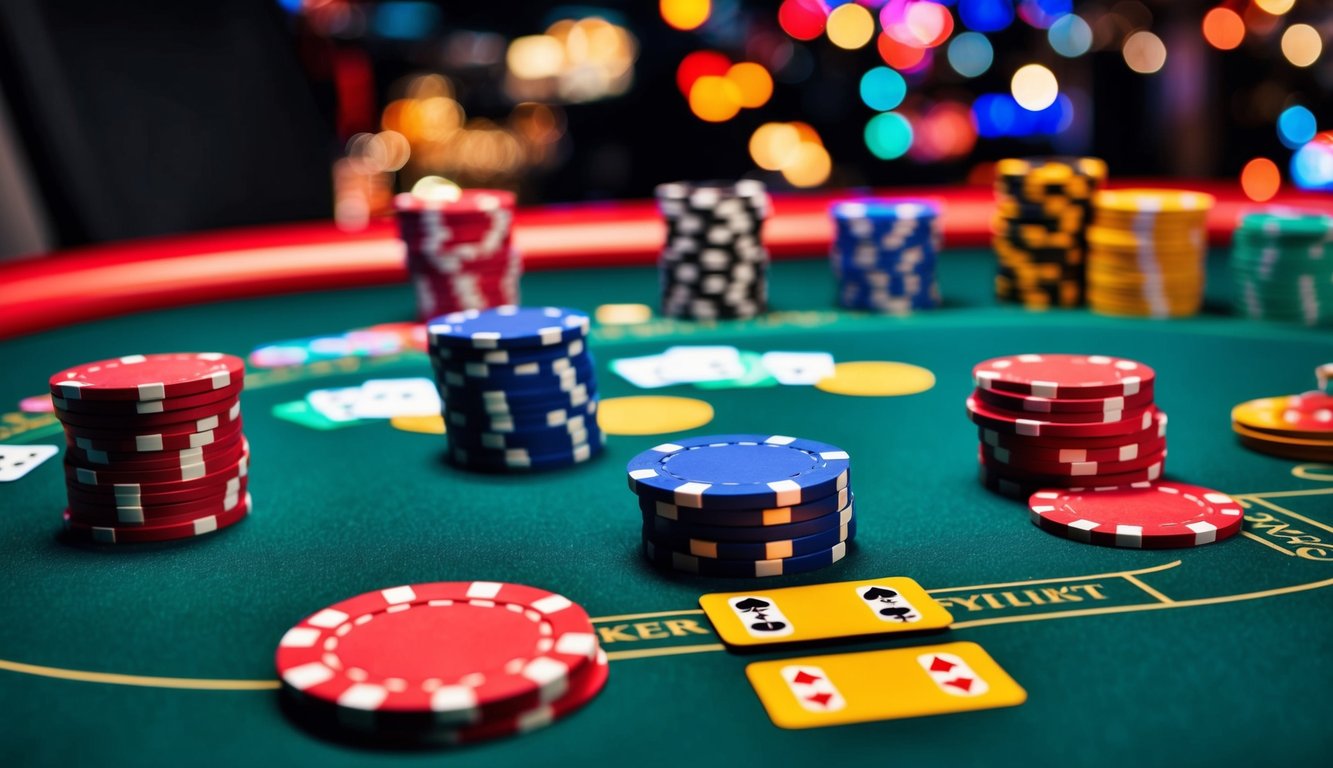 Meja poker online yang hidup dengan chip dan kartu berwarna-warni