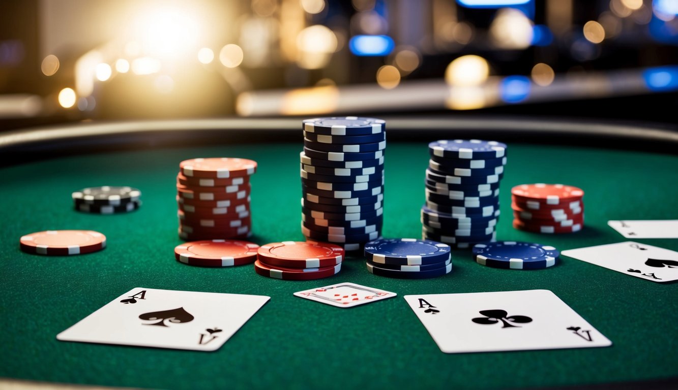 Sekelompok chip poker berserakan di meja felt hijau dengan kartu permainan dan tombol dealer