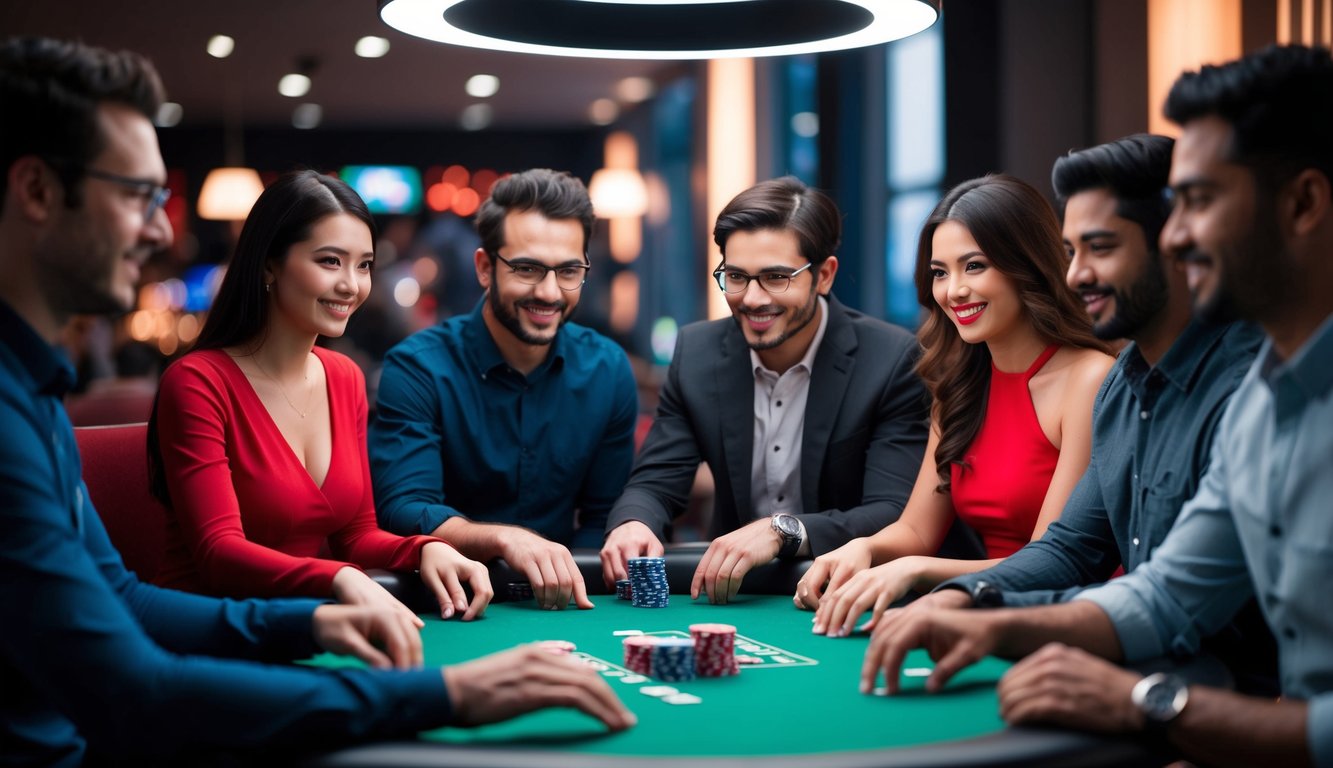 Sekelompok karakter yang beragam bermain poker online bersama, tanpa robot di dekatnya