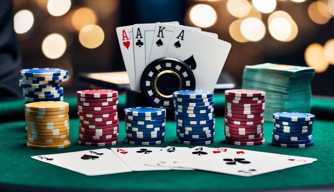 Sekelompok chip poker dan kartu bermain yang disusun di atas meja felt hijau, dengan tombol dealer dan tumpukan uang tunai di latar belakang